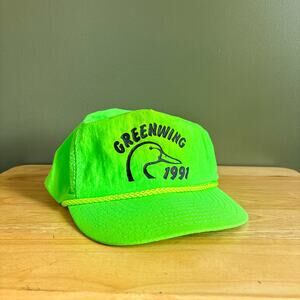 Vintage DU Greenwing 1991 Duck Hunting Neon Green Rope Snapback Hat